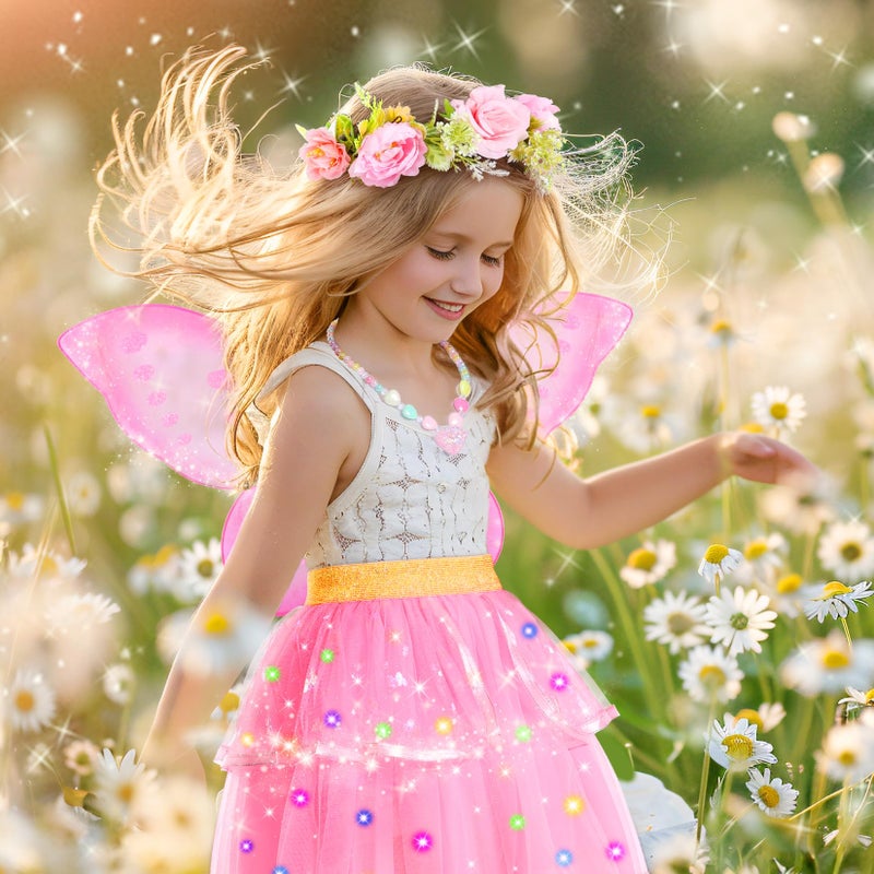 HUITEM Fairy Costume for Girls 6 PCS Light up Butterfly Costume with Fairy Wings  Jewelry Headband Wand Tutu for Toddler Girls 3-8 Years Halloween Birthday Party Dress up - Image 2